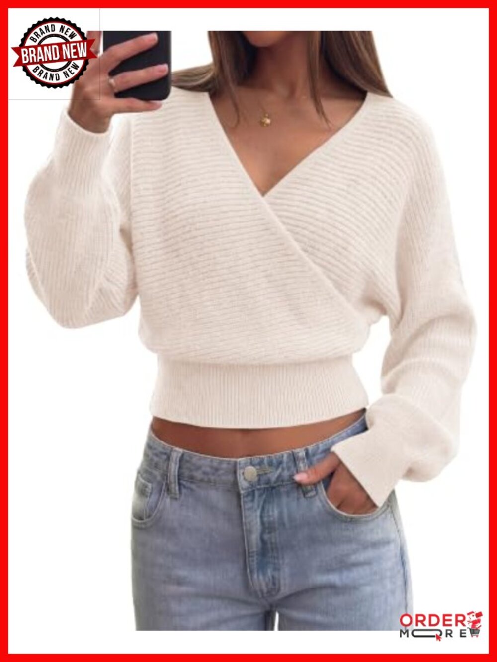 Ribbed Knit V Neck Wrap Cross Front Pullover Sweater Long Sleeve